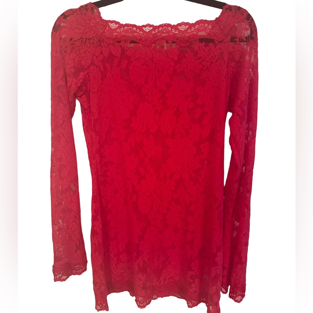 VIctoria Secret Red Lace Long bell Sleeve nightie sz L stretchy lace